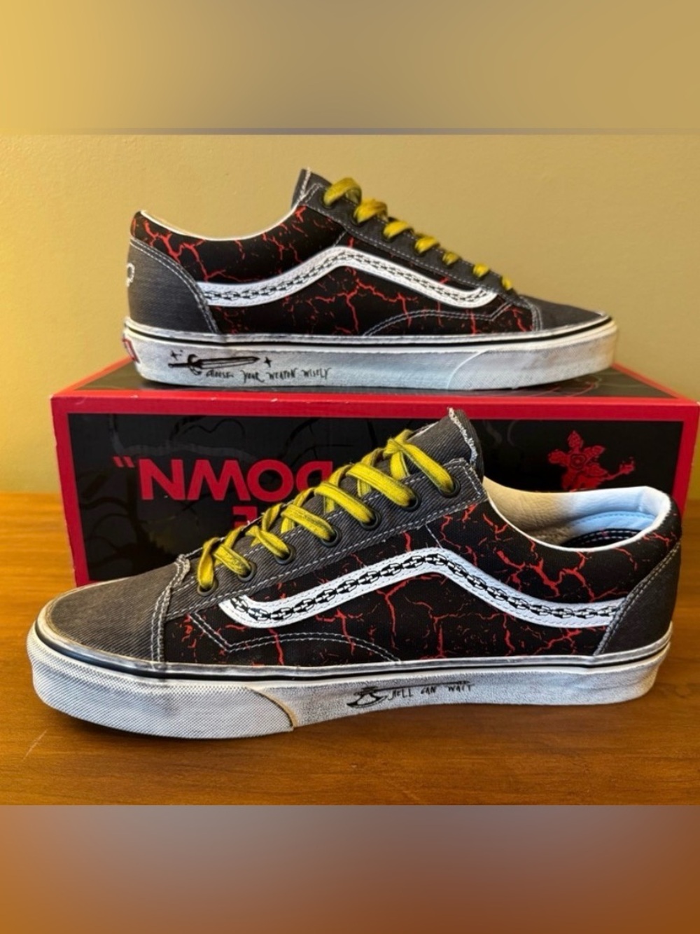 NWT nib Vans x Stranger Things Black & Red Old Skool Sneakers with Yellow Laces
